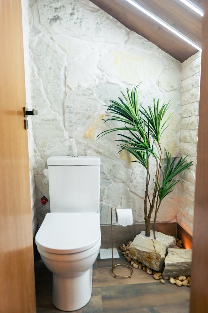 A sleek bathroom with a white toilet, stone wall, and indoor plant for a stylish look.